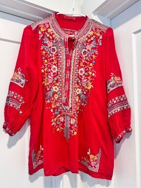 Johnny Was Embroidered Red Floral Peasant Tunic